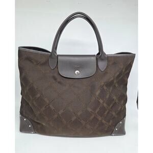 Longchamp Calvalcade Canvas Bag Brown All Over Logo Leather Detail Studs